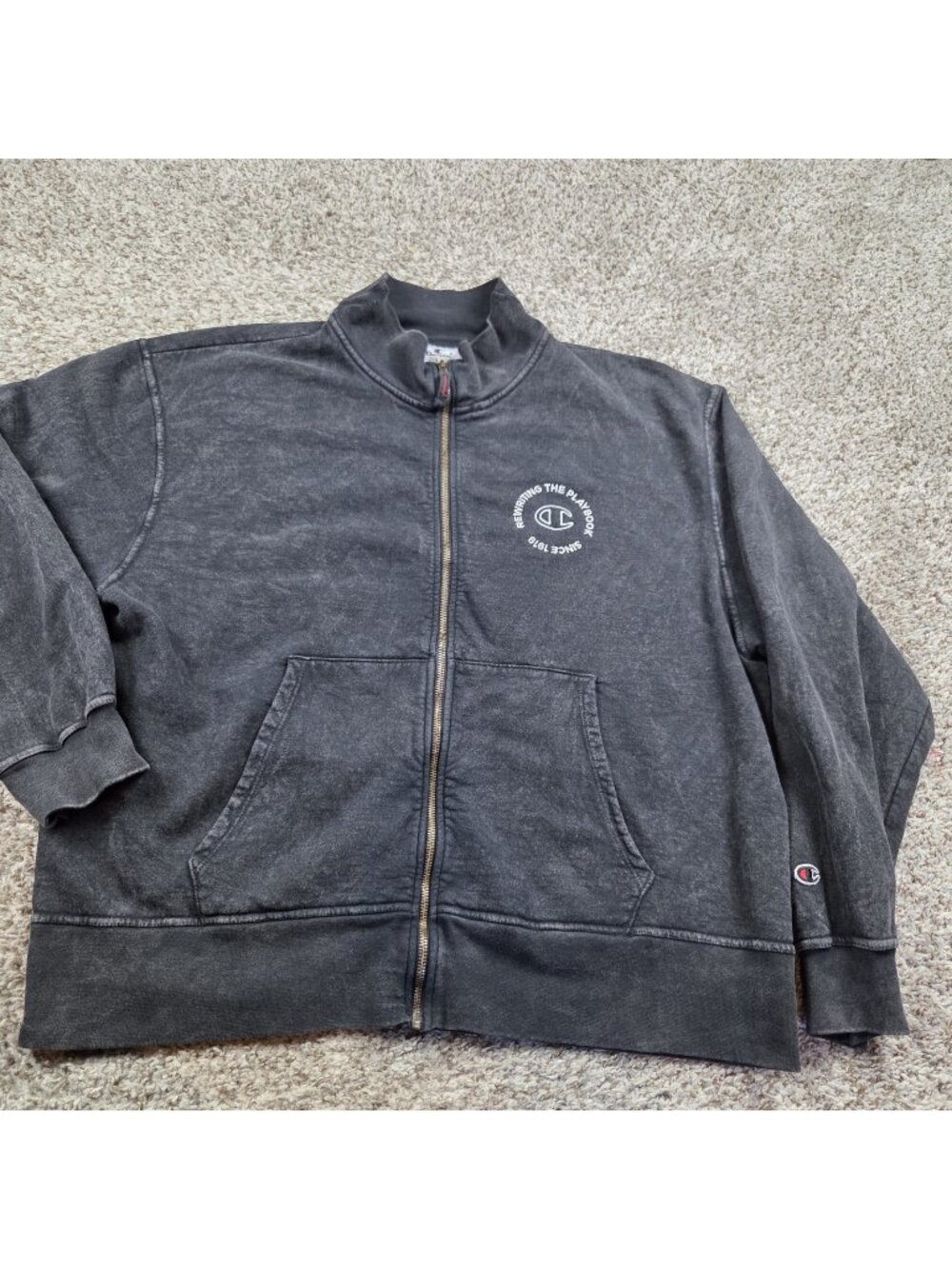 Champion Jacket Sweatshirt Mens Large Black Distressed Mock Neck Full Zip
